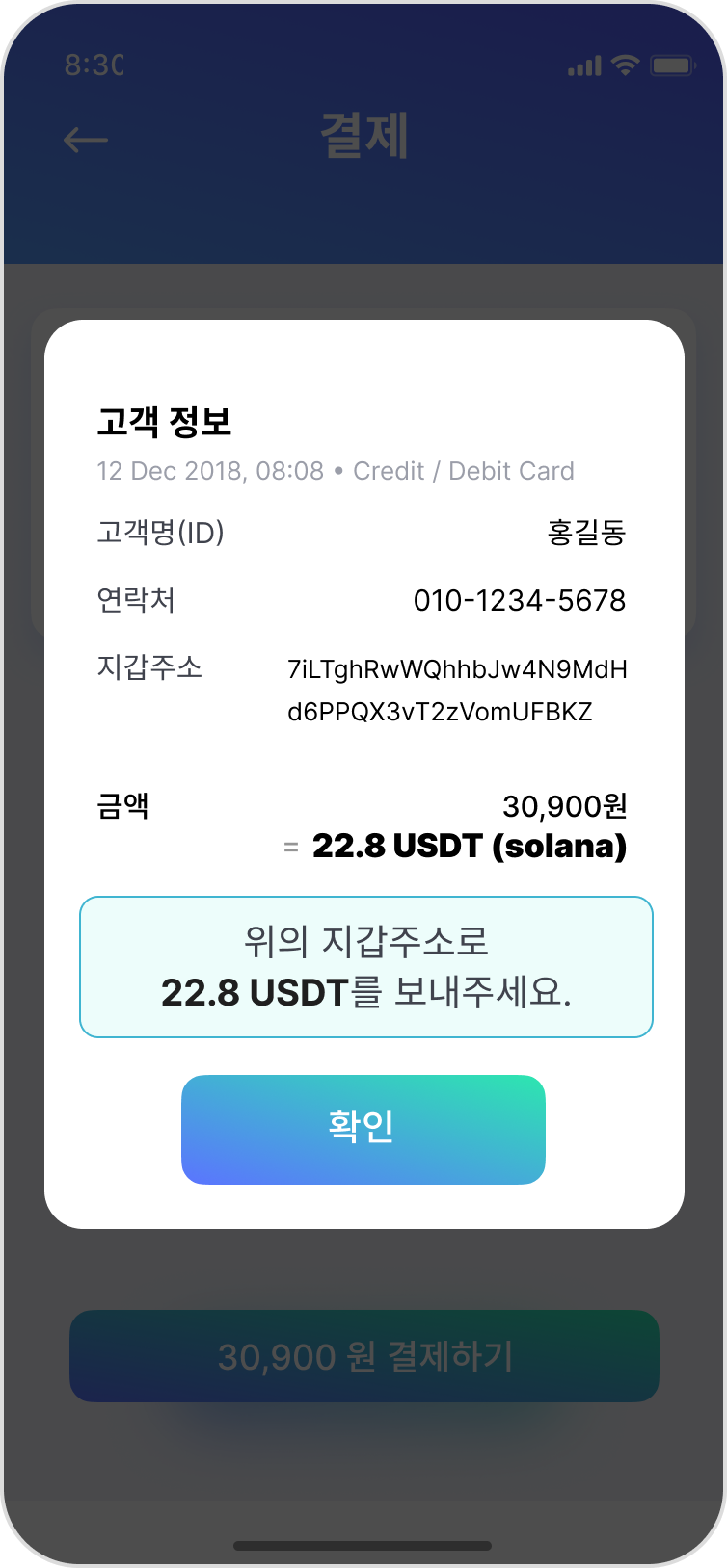 고객 정보와 입금용 지갑주소가 안내된 모바일 결제 화면