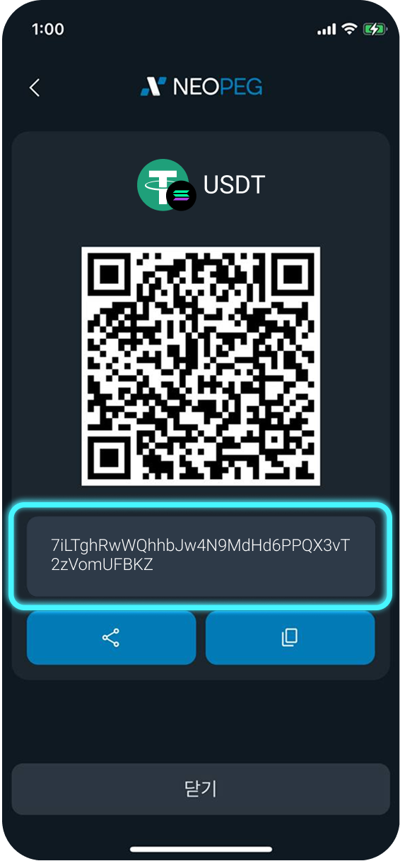 고객 지갑에서 USDT 수신 주소와 QR 코드를 확인하는 모바일 화면